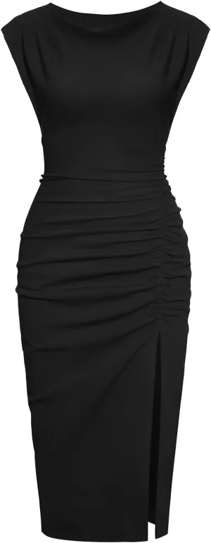 IHOT 2025 Women's Mock Neck Side Slit Ruched Bodycon Cocktail Party Wedding Guest Midi Dress