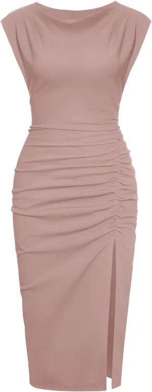 IHOT 2025 Women's Mock Neck Side Slit Ruched Bodycon Cocktail Party Wedding Guest Midi Dress