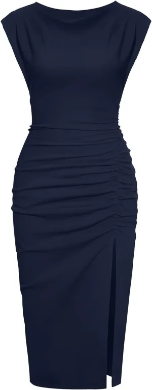 IHOT 2025 Women's Mock Neck Side Slit Ruched Bodycon Cocktail Party Wedding Guest Midi Dress