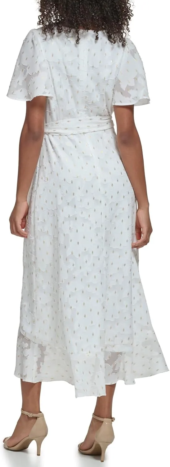 Jessica Howard Women's Wrap Chiffon Midi Dress  Short Sleeve Clip Dot Print