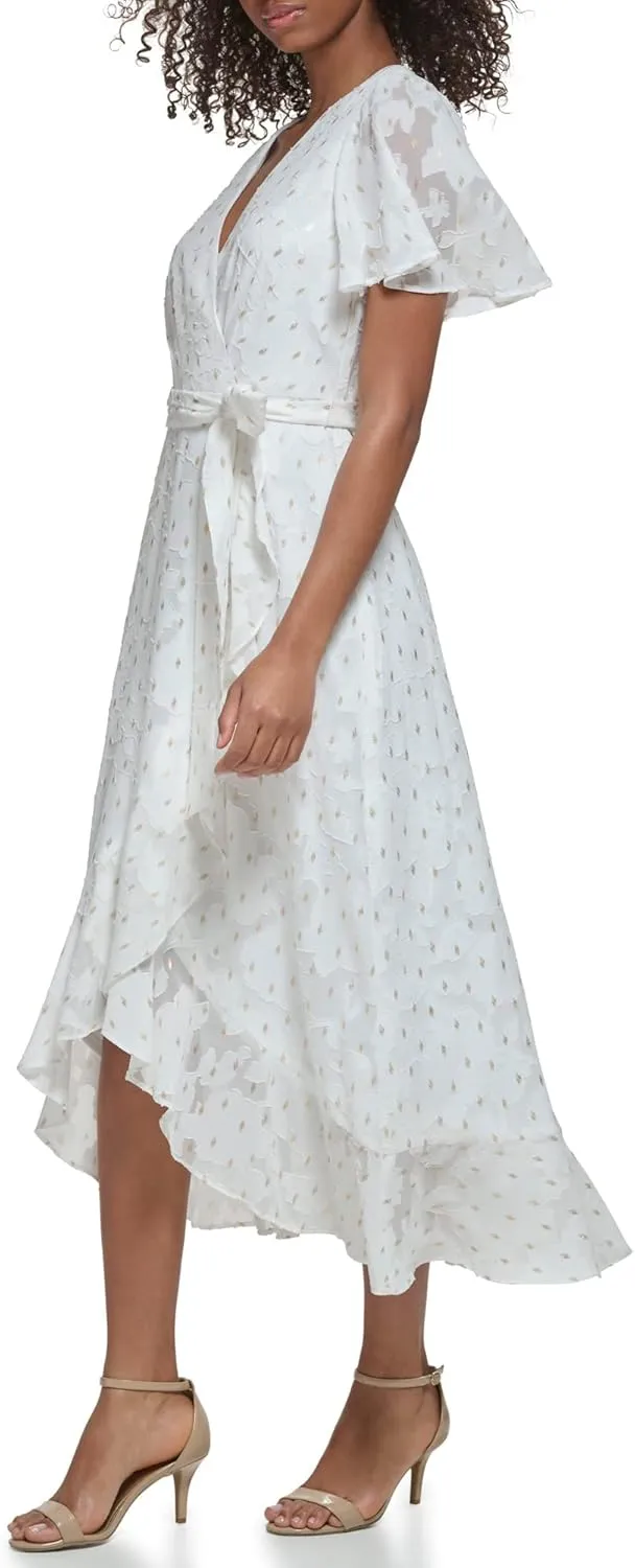 Jessica Howard Women's Wrap Chiffon Midi Dress  Short Sleeve Clip Dot Print
