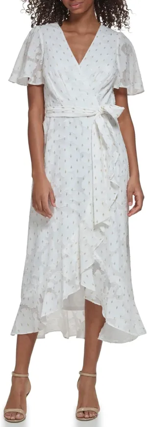 Jessica Howard Women's Wrap Chiffon Midi Dress  Short Sleeve Clip Dot Print