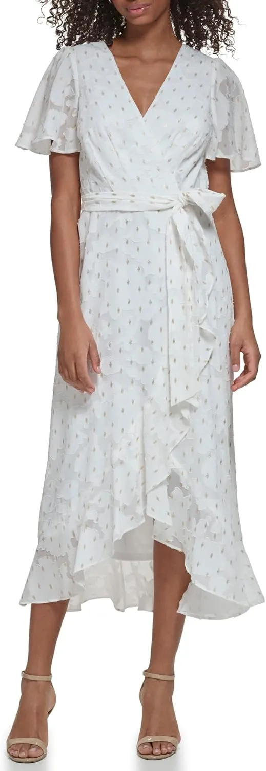 Jessica Howard Women's Wrap Chiffon Midi Dress  Short Sleeve Clip Dot Print