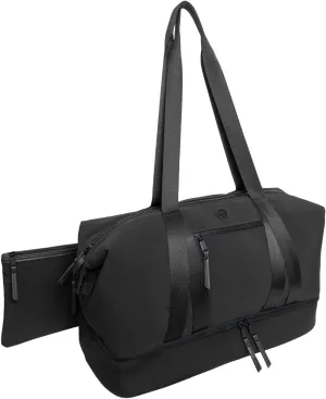 Joan & David 21" Weekender Yoga Gym Duffel Bag with Neoprene Zippered Drop Bottom Compartment Lined In Peva for Non-absorbtion of Odors, Detachable Pouch, Including TSA Approved Bottles (Black)