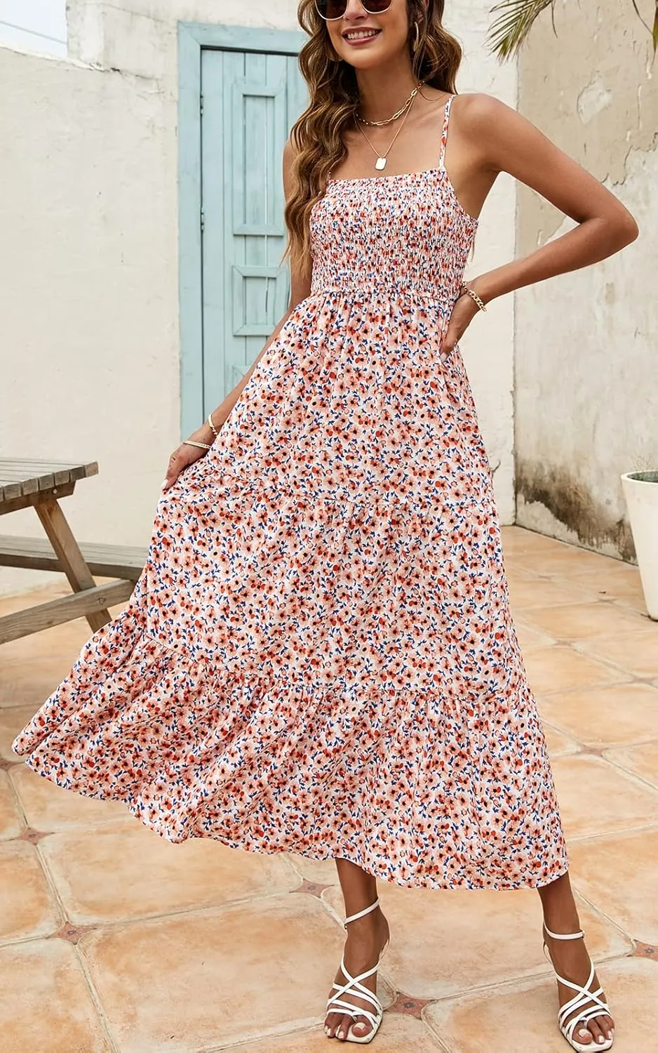 Lamilus Sundresses for Women Summer Casual Floral Dresses Sleeveless Spaghetti Strap Smocked Tiered Beach Party Maxi Dress