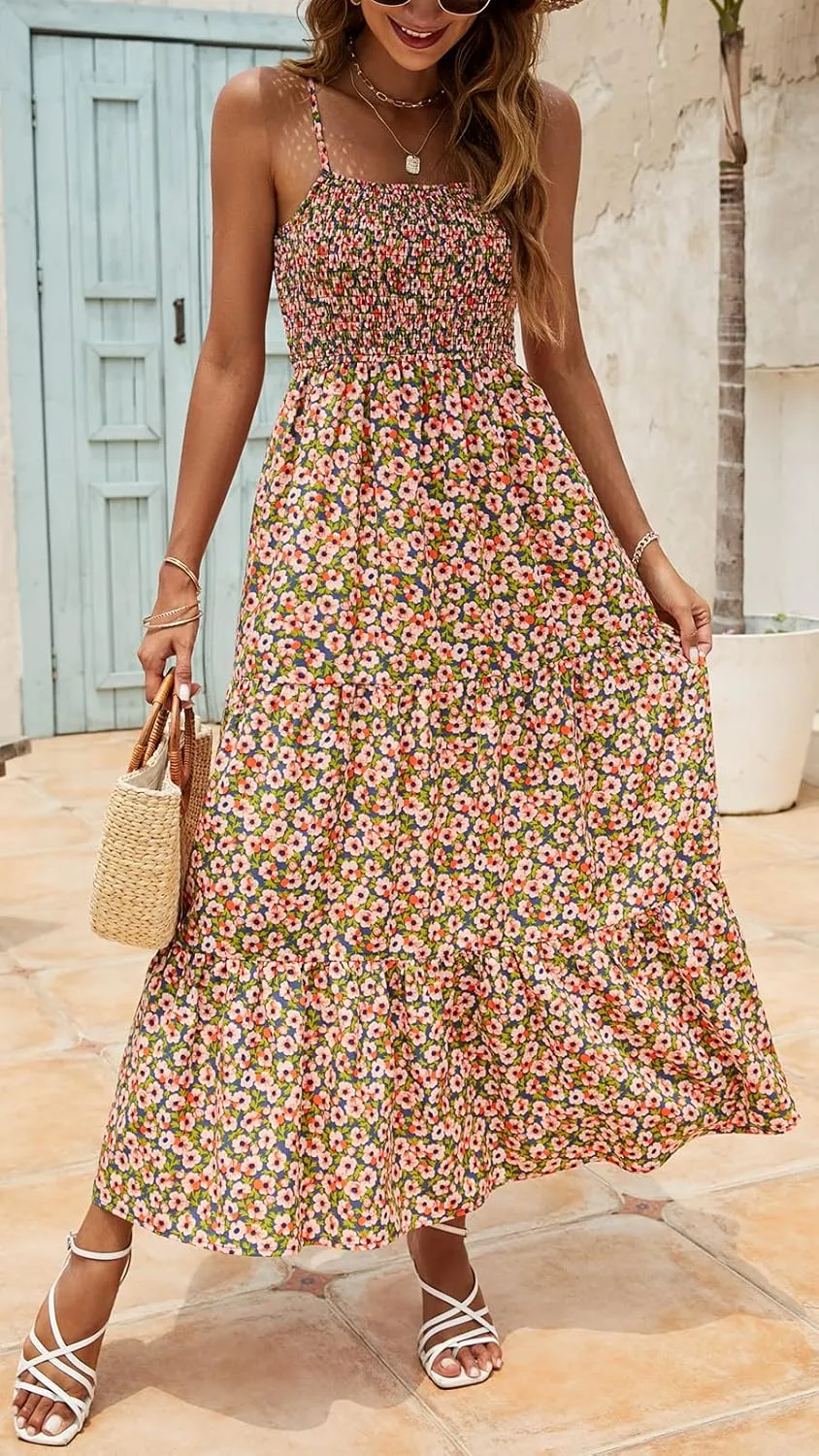 Lamilus Sundresses for Women Summer Casual Floral Dresses Sleeveless Spaghetti Strap Smocked Tiered Beach Party Maxi Dress