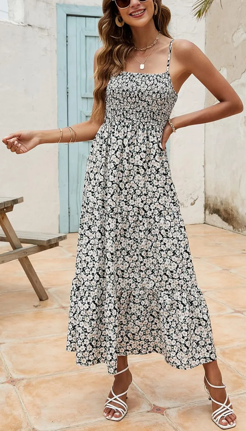 Lamilus Sundresses for Women Summer Casual Floral Dresses Sleeveless Spaghetti Strap Smocked Tiered Beach Party Maxi Dress