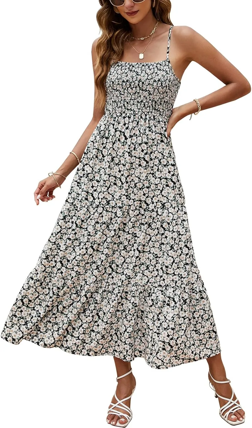 Lamilus Sundresses for Women Summer Casual Floral Dresses Sleeveless Spaghetti Strap Smocked Tiered Beach Party Maxi Dress