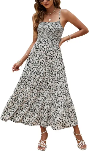 Lamilus Sundresses for Women Summer Casual Floral Dresses Sleeveless Spaghetti Strap Smocked Tiered Beach Party Maxi Dress