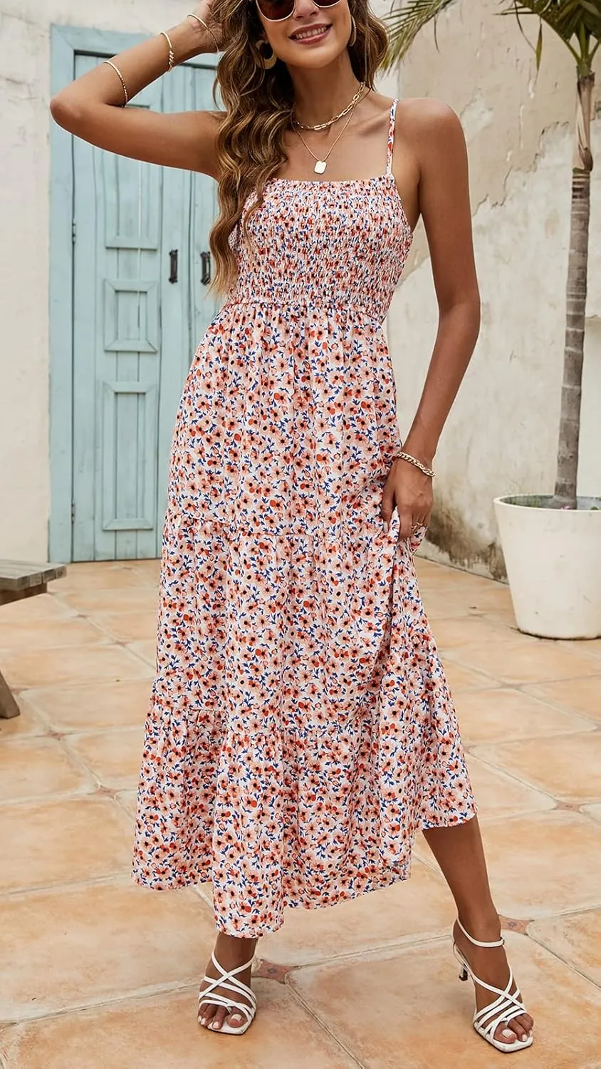 Lamilus Sundresses for Women Summer Casual Floral Dresses Sleeveless Spaghetti Strap Smocked Tiered Beach Party Maxi Dress