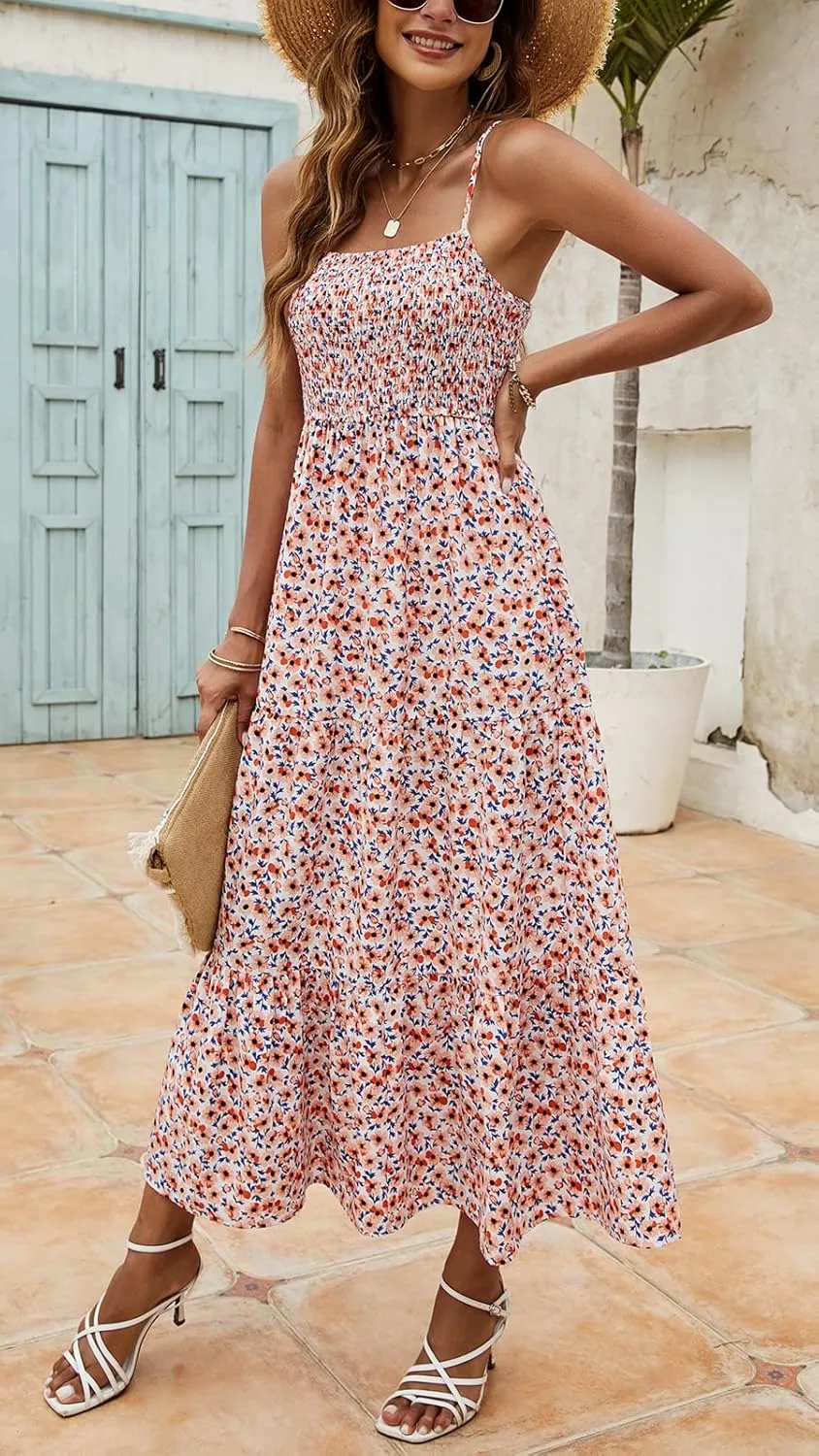 Lamilus Sundresses for Women Summer Casual Floral Dresses Sleeveless Spaghetti Strap Smocked Tiered Beach Party Maxi Dress