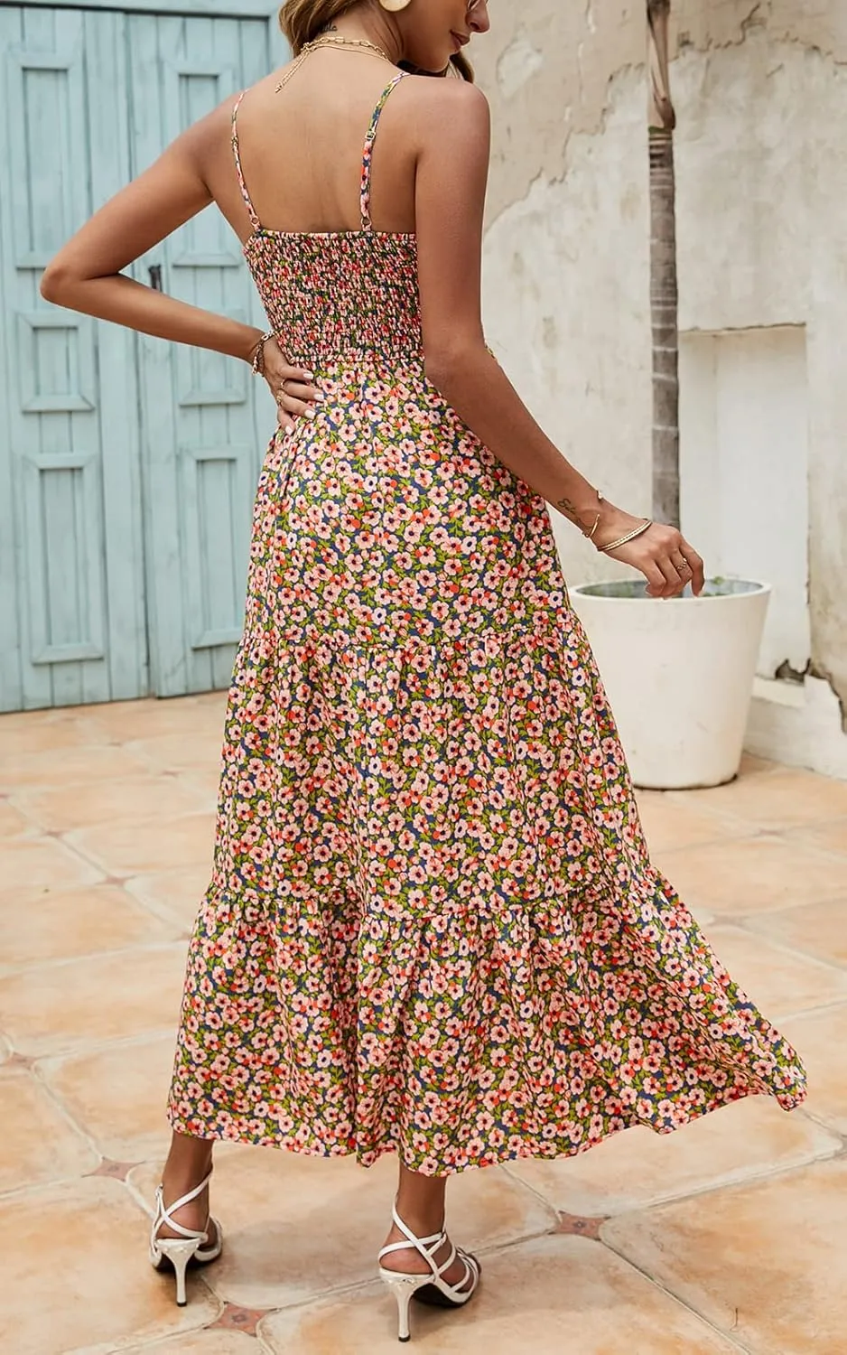 Lamilus Sundresses for Women Summer Casual Floral Dresses Sleeveless Spaghetti Strap Smocked Tiered Beach Party Maxi Dress