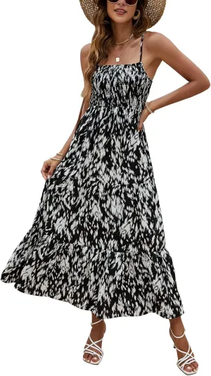 Lamilus Sundresses for Women Summer Casual Floral Dresses Sleeveless Spaghetti Strap Smocked Tiered Beach Party Maxi Dress