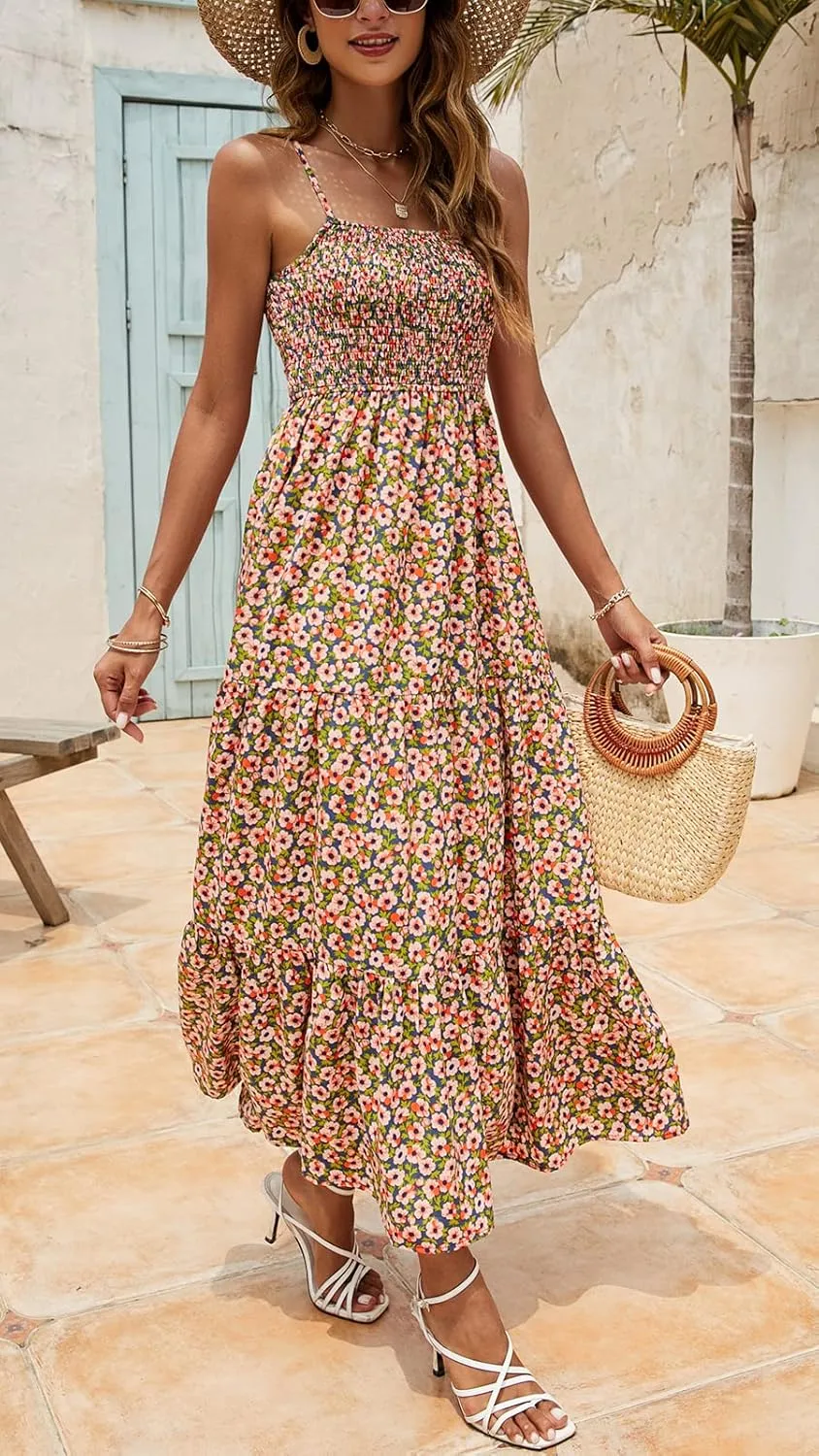 Lamilus Sundresses for Women Summer Casual Floral Dresses Sleeveless Spaghetti Strap Smocked Tiered Beach Party Maxi Dress