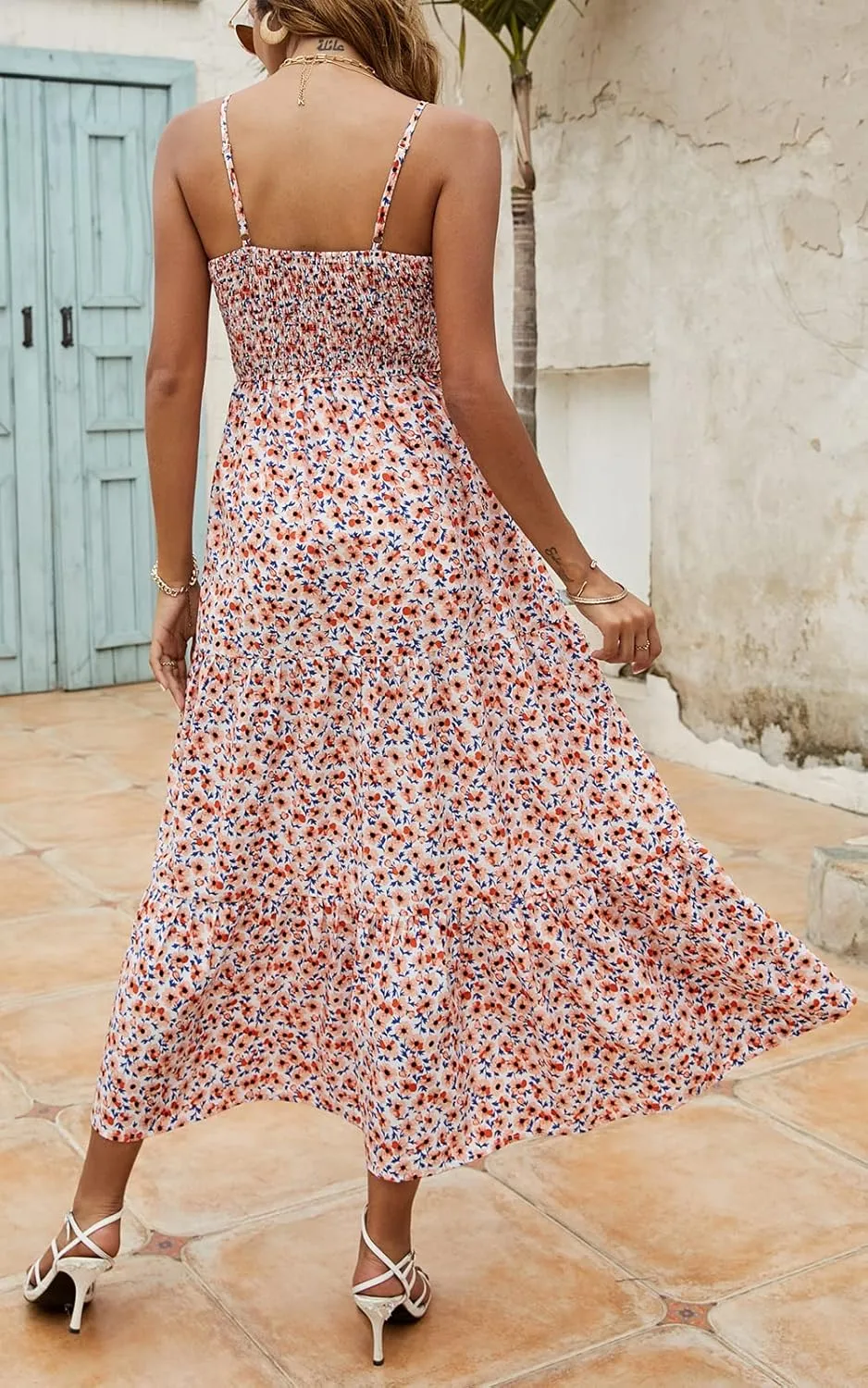 Lamilus Sundresses for Women Summer Casual Floral Dresses Sleeveless Spaghetti Strap Smocked Tiered Beach Party Maxi Dress