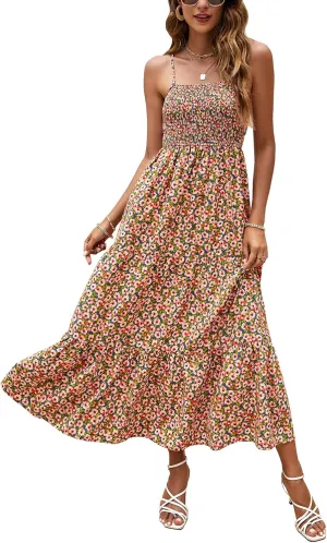 Lamilus Sundresses for Women Summer Casual Floral Dresses Sleeveless Spaghetti Strap Smocked Tiered Beach Party Maxi Dress