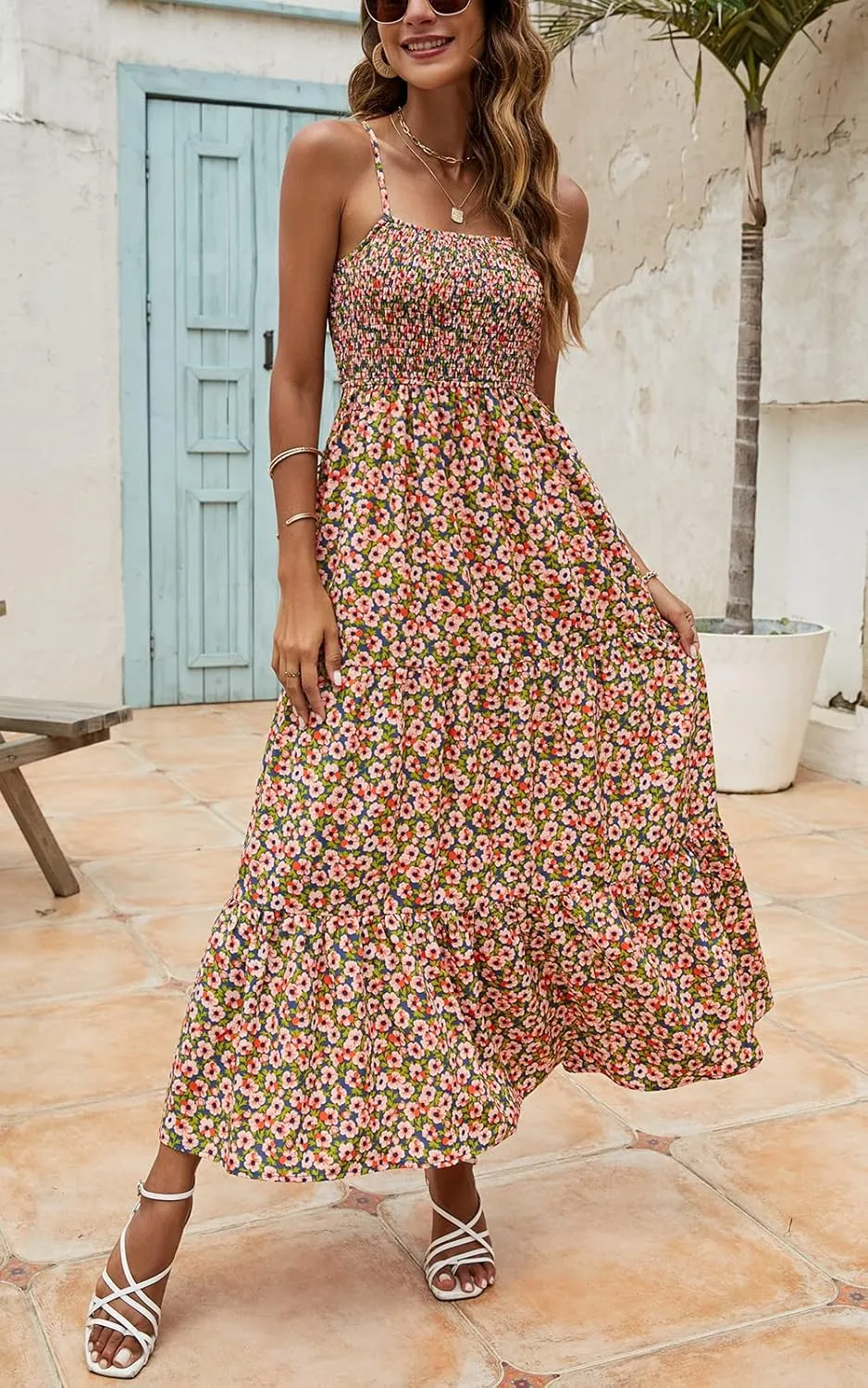 Lamilus Sundresses for Women Summer Casual Floral Dresses Sleeveless Spaghetti Strap Smocked Tiered Beach Party Maxi Dress