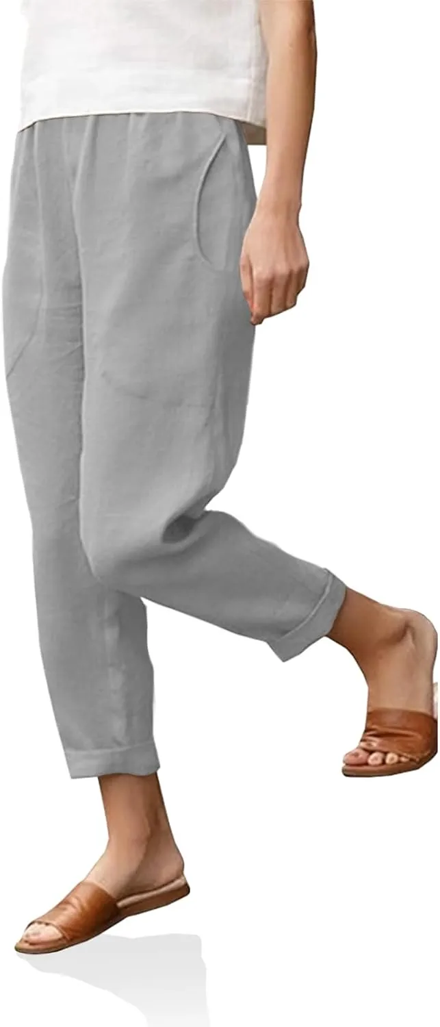 Langwyqu Womens Casual Cotton Tapered Capri Cargo Pants Loose Elastic Waist Ankle Cropped Trouser with Pockets