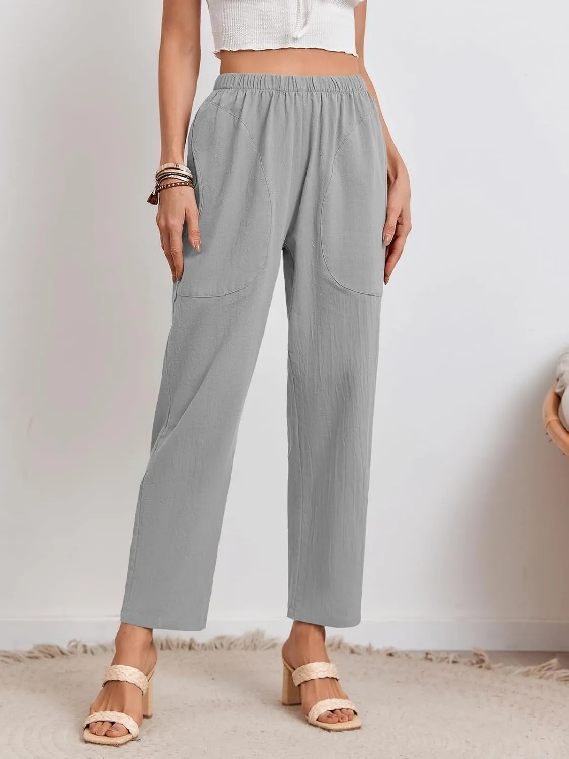 Langwyqu Womens Casual Cotton Tapered Capri Cargo Pants Loose Elastic Waist Ankle Cropped Trouser with Pockets