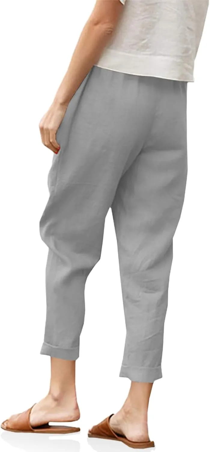 Langwyqu Womens Casual Cotton Tapered Capri Cargo Pants Loose Elastic Waist Ankle Cropped Trouser with Pockets