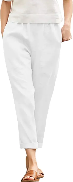 Langwyqu Womens Casual Cotton Tapered Capri Cargo Pants Loose Elastic Waist Ankle Cropped Trouser with Pockets