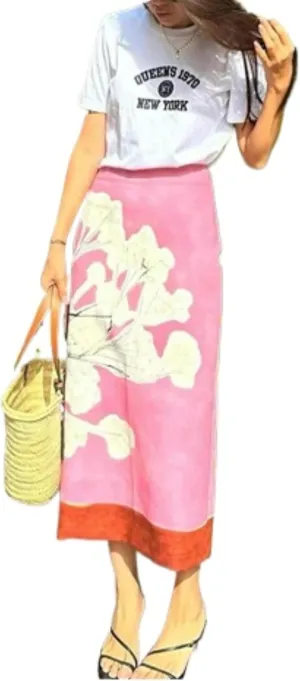 LAPRBY Floral Midi Skirt Pink Skirt for Women Long Maxi Skirt with Slit Linen Pencil Skirt