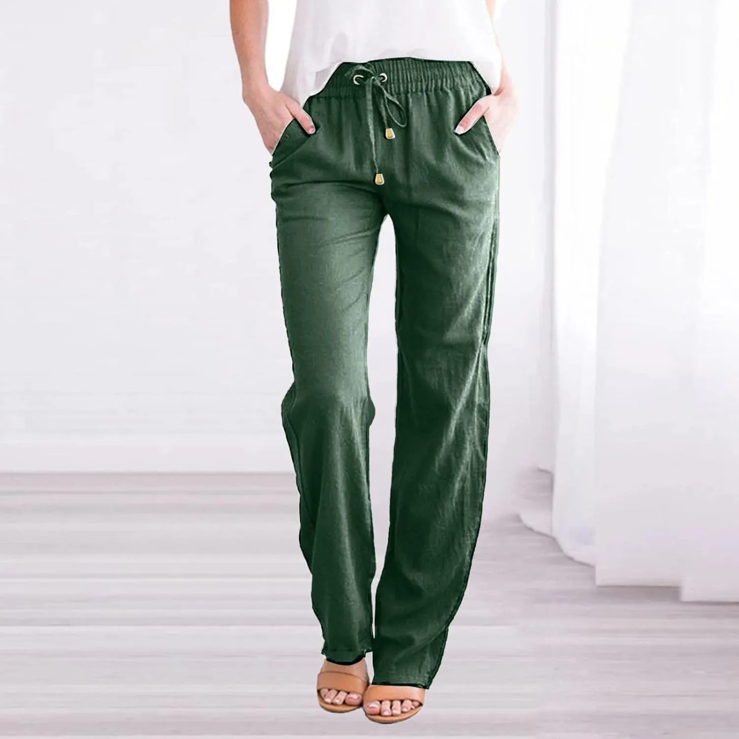 Linen Blend Pants for Women Plus Size Straight Leg Lounge Pants Elastic Waist Trousers Drawstring Vacation Pants