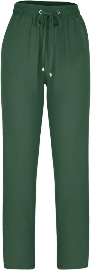 Linen Blend Pants for Women Plus Size Straight Leg Lounge Pants Elastic Waist Trousers Drawstring Vacation Pants