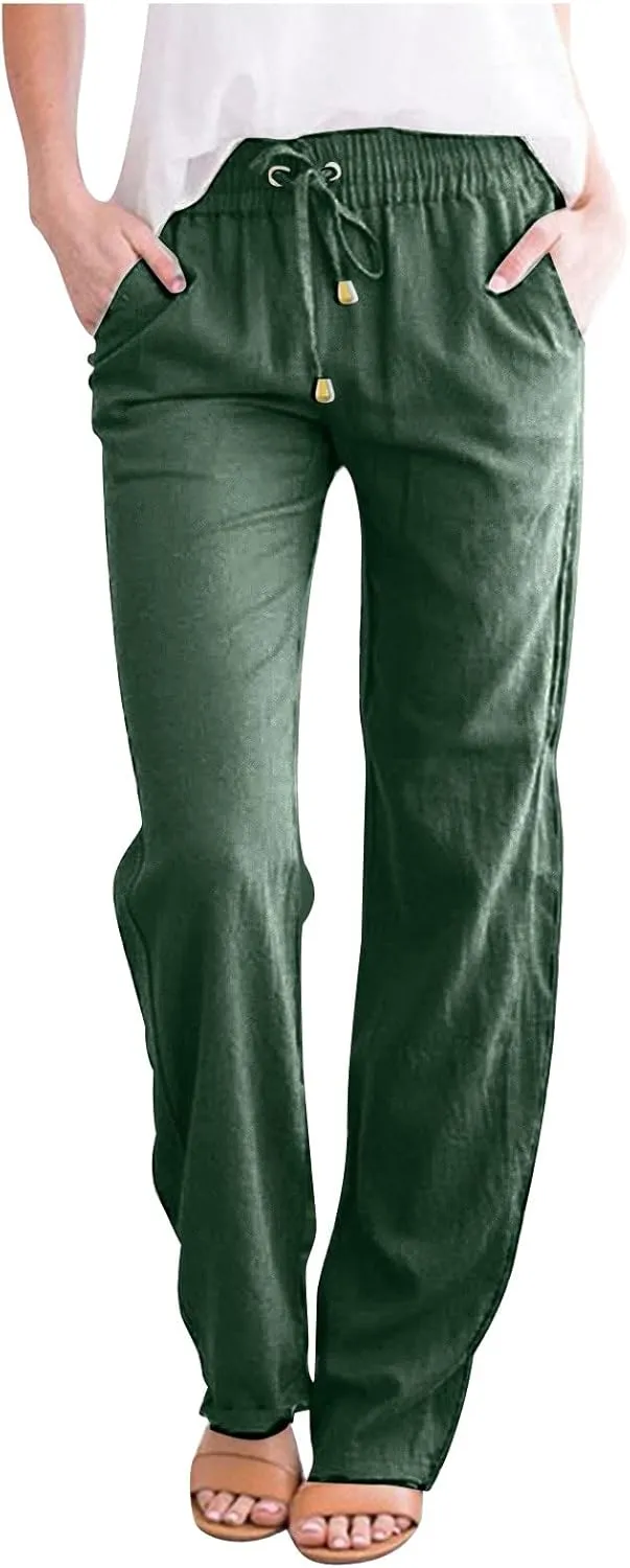 Linen Blend Pants for Women Plus Size Straight Leg Lounge Pants Elastic Waist Trousers Drawstring Vacation Pants