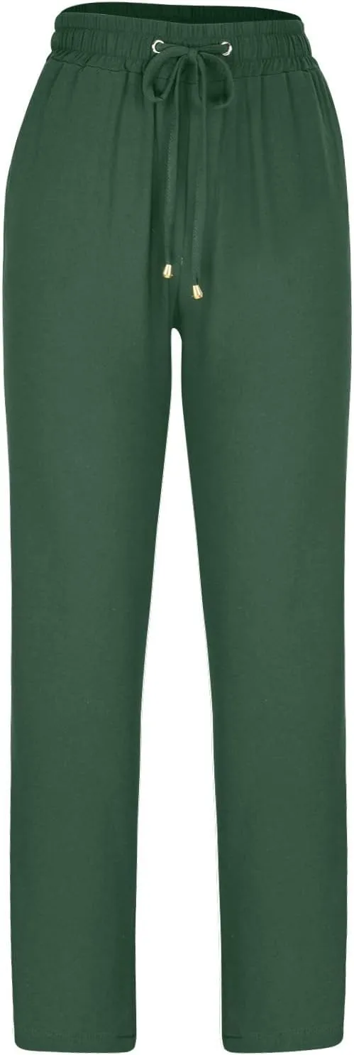 Linen Blend Pants for Women Plus Size Straight Leg Lounge Pants Elastic Waist Trousers Drawstring Vacation Pants