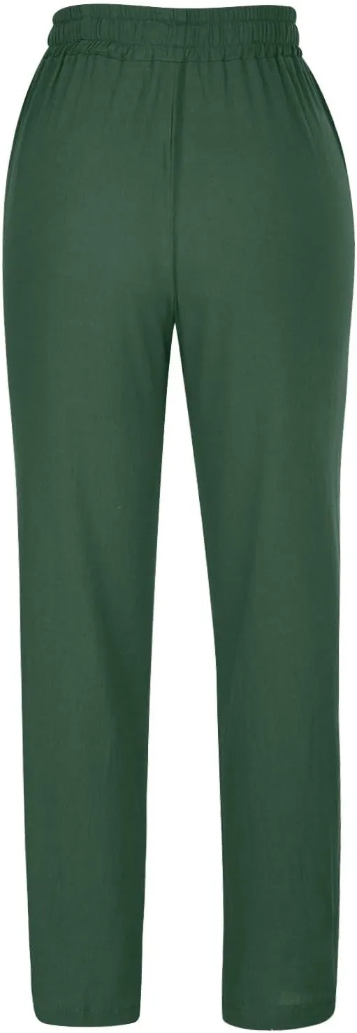 Linen Blend Pants for Women Plus Size Straight Leg Lounge Pants Elastic Waist Trousers Drawstring Vacation Pants
