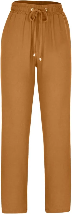 Linen Blend Pants for Women Plus Size Straight Leg Lounge Pants Elastic Waist Trousers Drawstring Vacation Pants