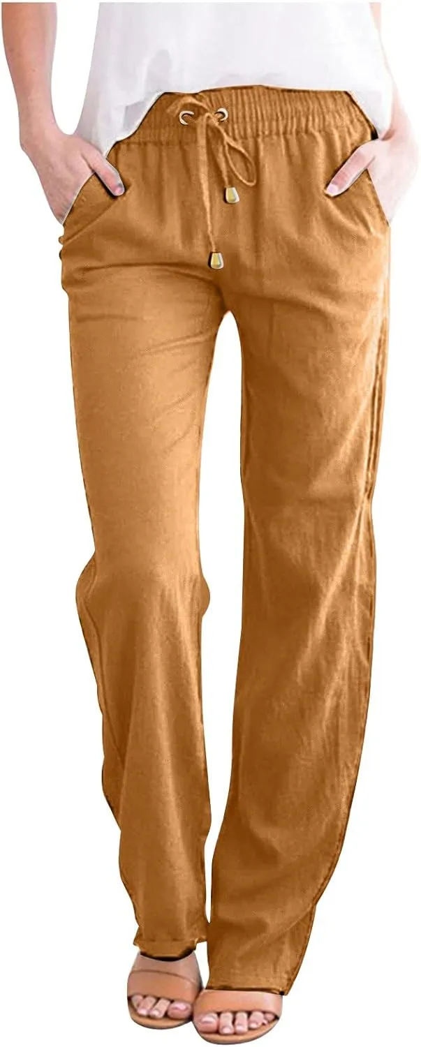 Linen Blend Pants for Women Plus Size Straight Leg Lounge Pants Elastic Waist Trousers Drawstring Vacation Pants