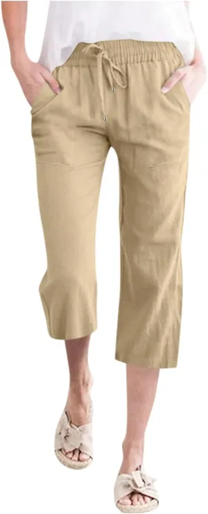 Linen Capris Pants For Women Casual 2024 Summer Drawstring Elastic High Waisted Straight Wide Leg Cropped Trousers