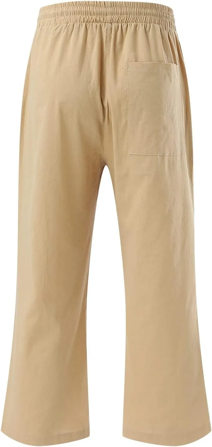 Linen Capris Pants For Women Casual 2024 Summer Drawstring Elastic High Waisted Straight Wide Leg Cropped Trousers