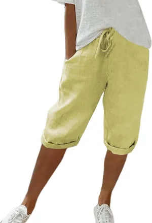 Linen Palazzo Pants for Women, Cotton Palazzo Pants for Women, Pantalones De Verano para Mujer, Capri Elastic Waist Straight Leg Trousers Loose Summer Beach Lounge Long Trousers Yellow Medium