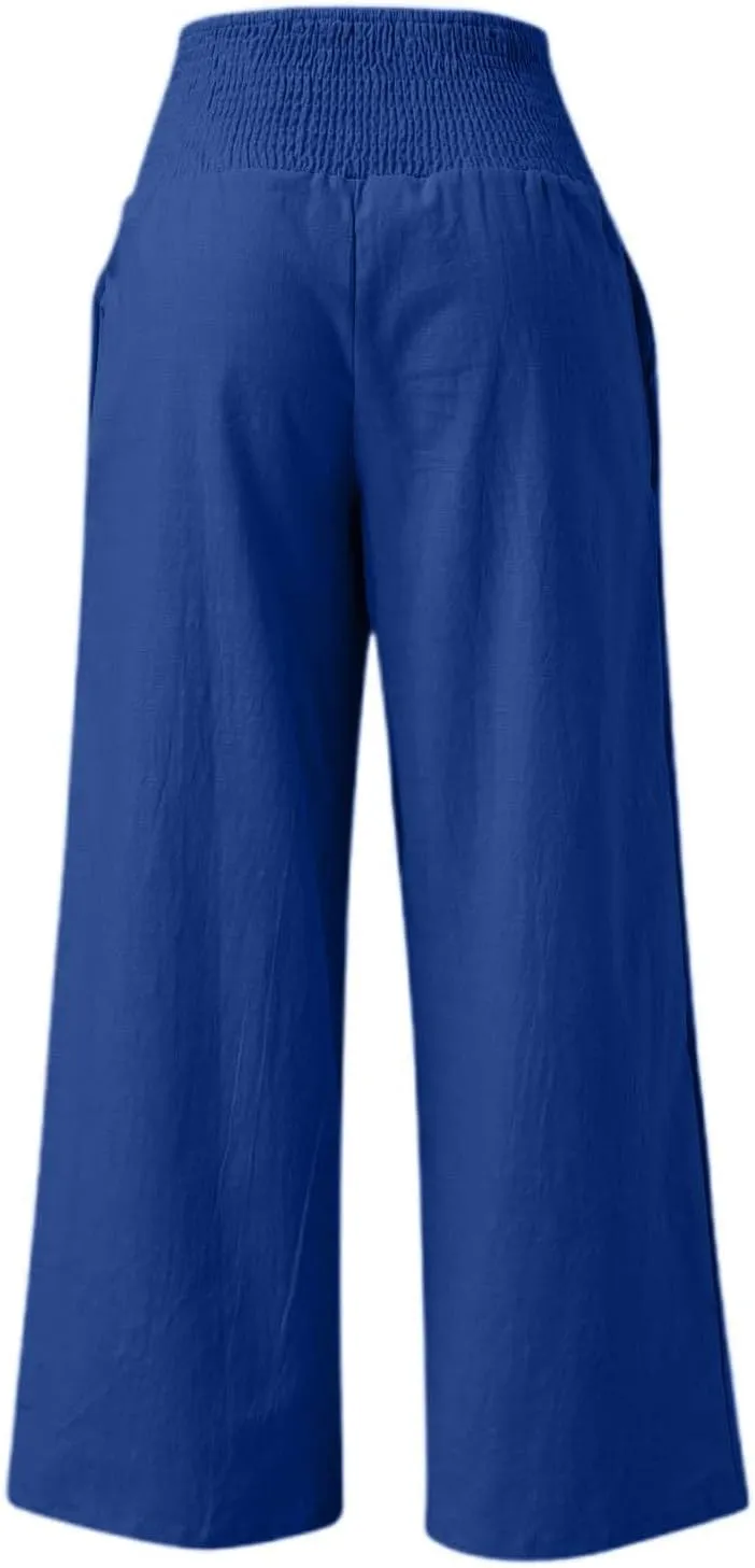 Linen Palazzo Pants for Women High Waist Summer Wide Leg Pants Lightweight Flowy Drawstring Smocked Lounge