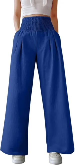 Linen Palazzo Pants for Women High Waist Summer Wide Leg Pants Lightweight Flowy Drawstring Smocked Lounge