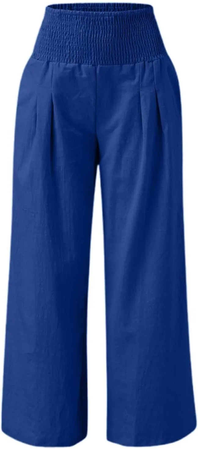 Linen Palazzo Pants for Women High Waist Summer Wide Leg Pants Lightweight Flowy Drawstring Smocked Lounge