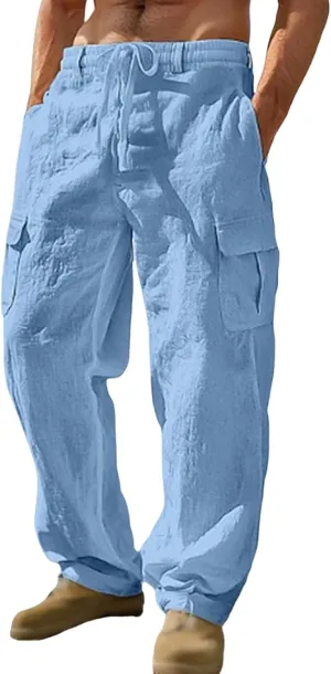 Linen Pants for Men Summer Wide Leg Yoga Trousers Drawstring Stretch Beach Pants Lightweight Baggy Travel Trousers