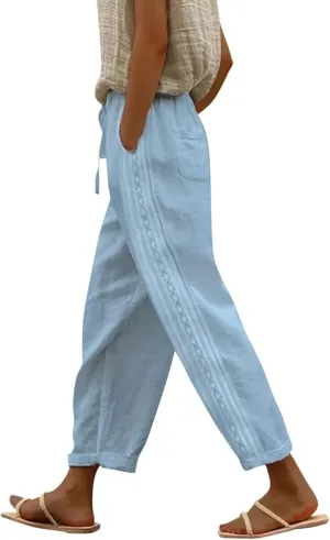 Linen Pants for Women High Waisted Elastic Drawstring Beach Pants Casual Lightweight Wide Leg Trousers with Pockets