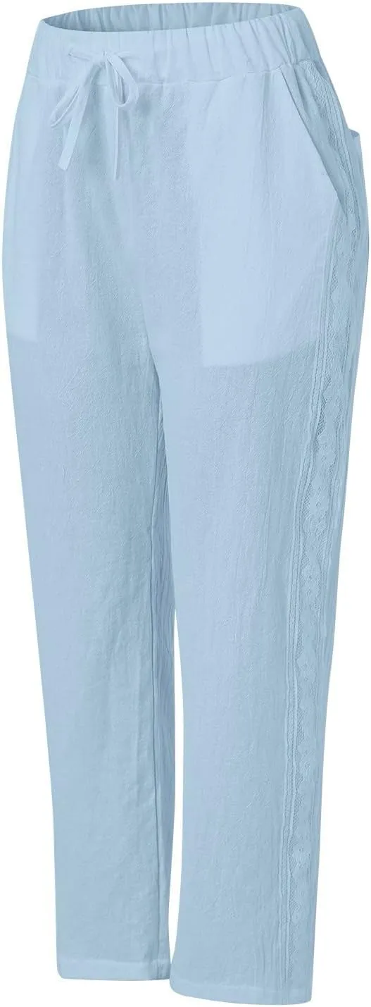 Linen Pants for Women High Waisted Elastic Drawstring Beach Pants Casual Lightweight Wide Leg Trousers with Pockets