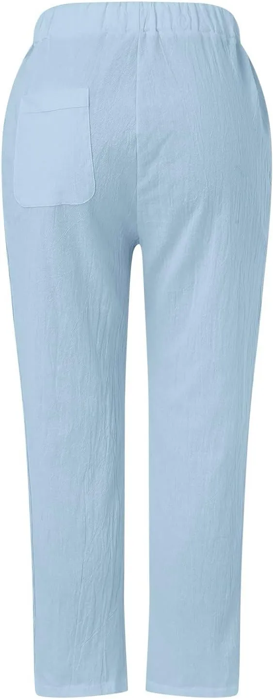 Linen Pants for Women High Waisted Elastic Drawstring Beach Pants Casual Lightweight Wide Leg Trousers with Pockets