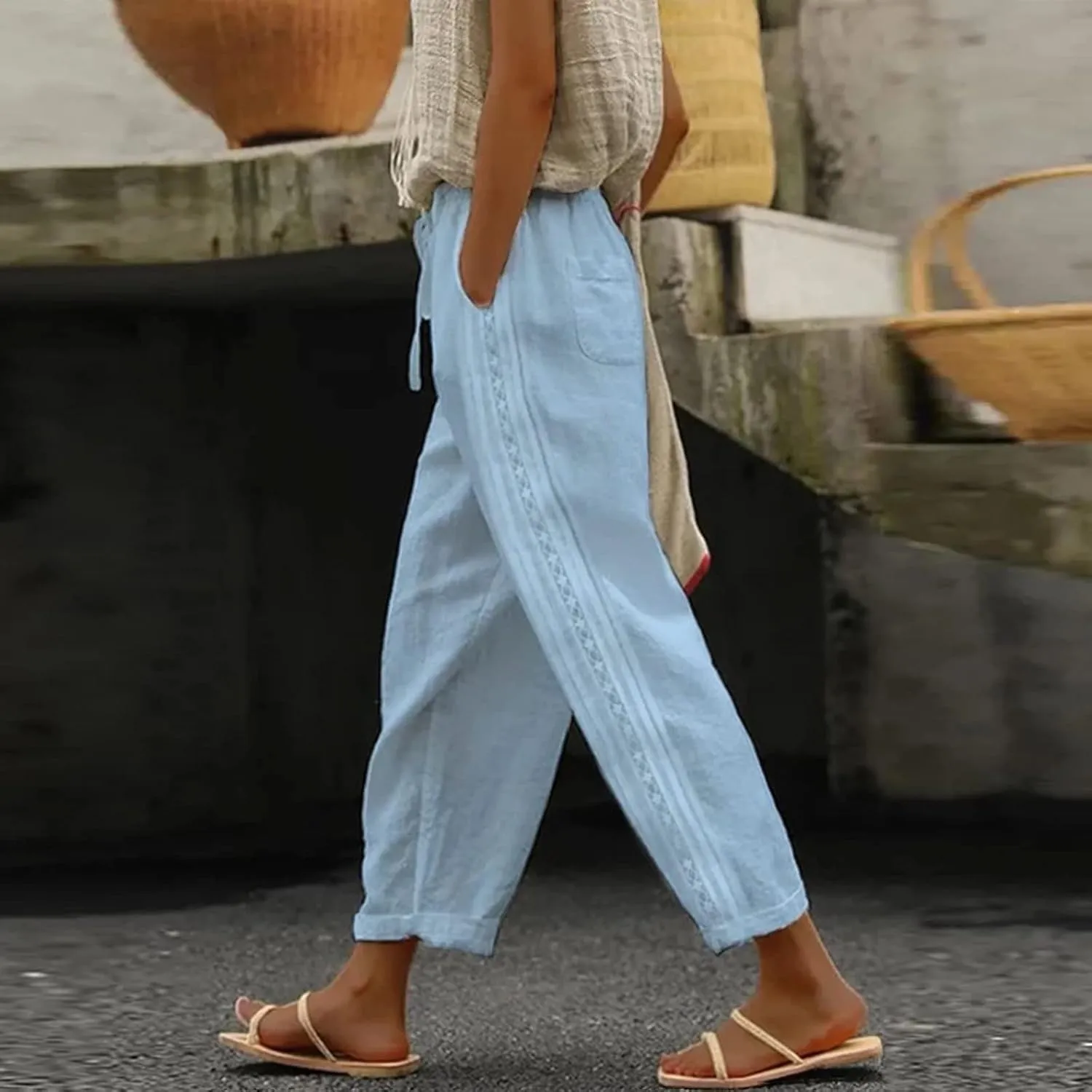 Linen Pants for Women High Waisted Elastic Drawstring Beach Pants Casual Lightweight Wide Leg Trousers with Pockets
