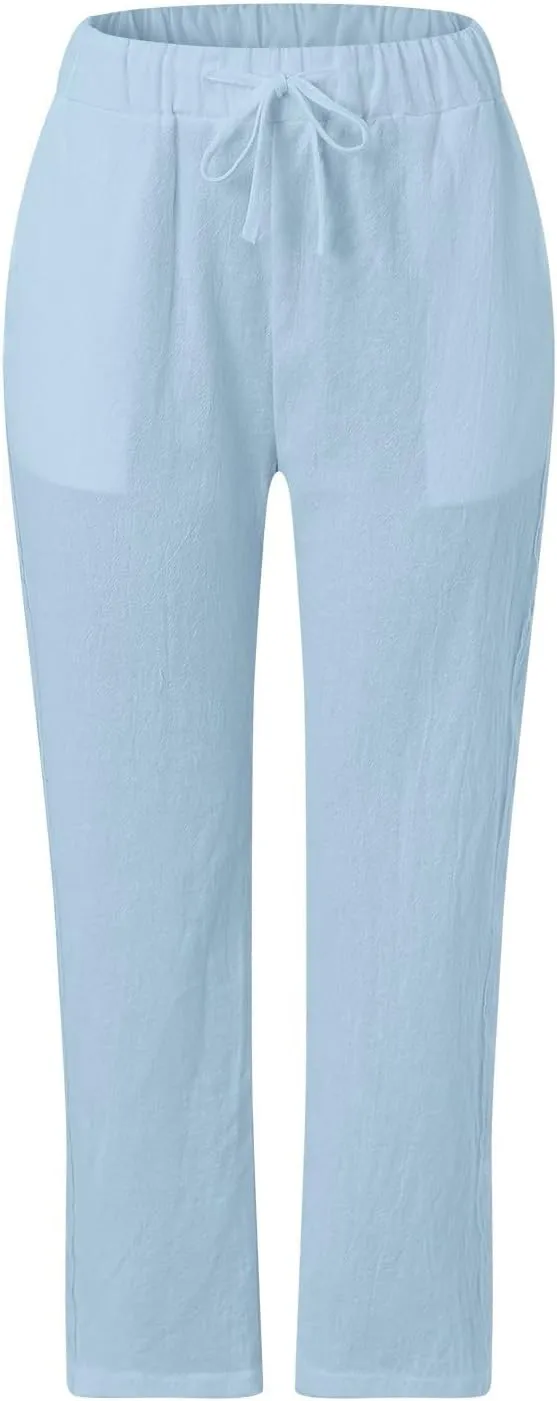 Linen Pants for Women High Waisted Elastic Drawstring Beach Pants Casual Lightweight Wide Leg Trousers with Pockets