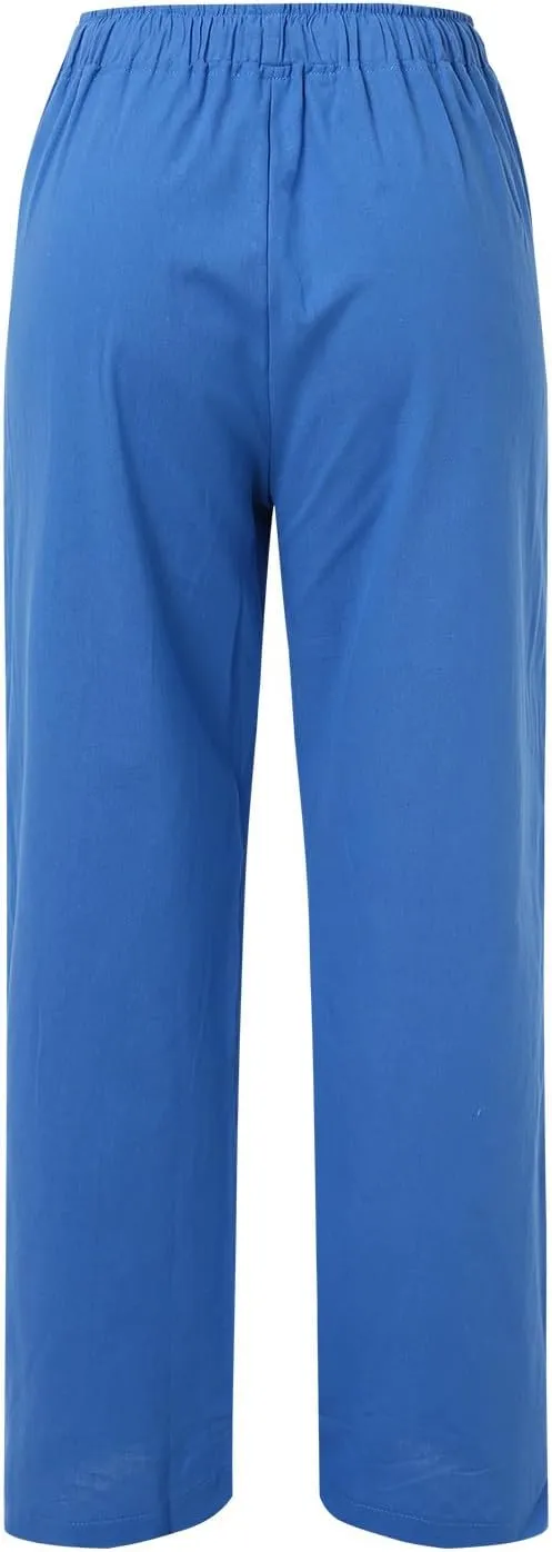 Linen Pants for Women High Waisted Pant Summer Lightweight Cotton Pants Beach Flowy Drawstring Trousers with Pocket