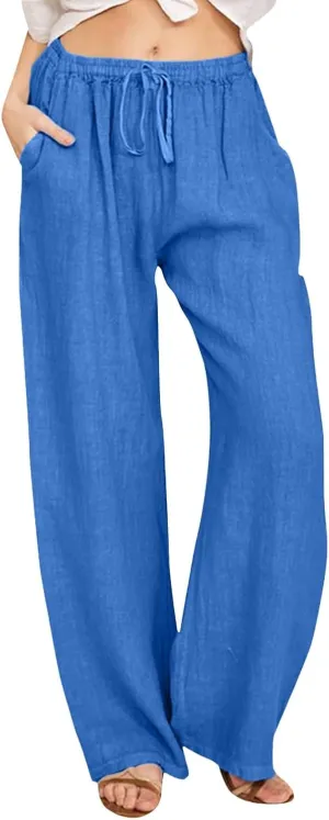 Linen Pants for Women High Waisted Pant Summer Lightweight Cotton Pants Beach Flowy Drawstring Trousers with Pocket