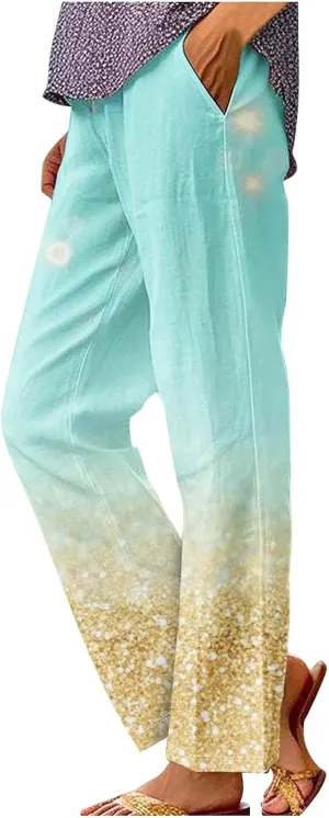 Linen Pants for Women High Waisted Wide Leg Trousers Trendy Gradient Color Printed Elastic Waist Summer Gauze Pants