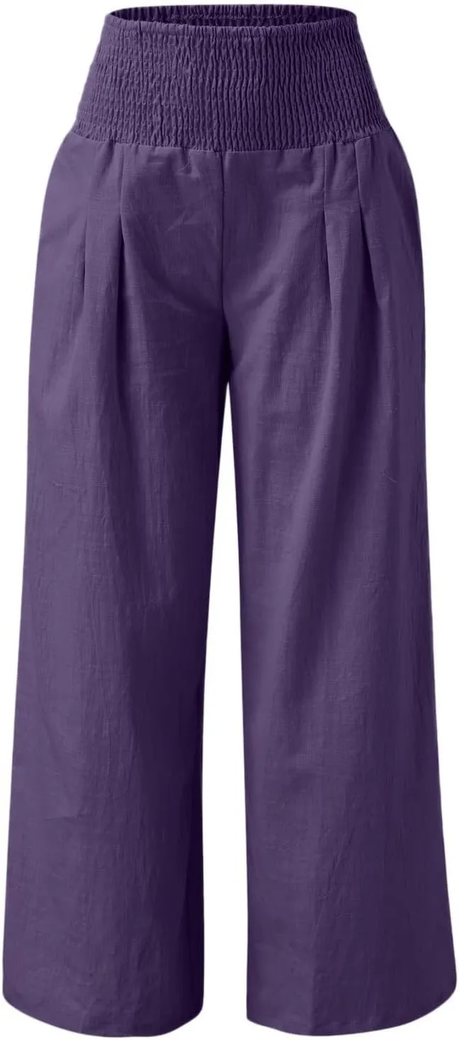 Linen Pants for Womens High Elastic Waist Wide Leg Trousers 2025 Summer Baggy Comfy Hiking Jogger Pants with Pockets