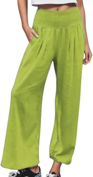 Linen Pants for Womens High Elastic Waist Wide Leg Trousers 2025 Summer Baggy Comfy Hiking Jogger Pants with Pockets